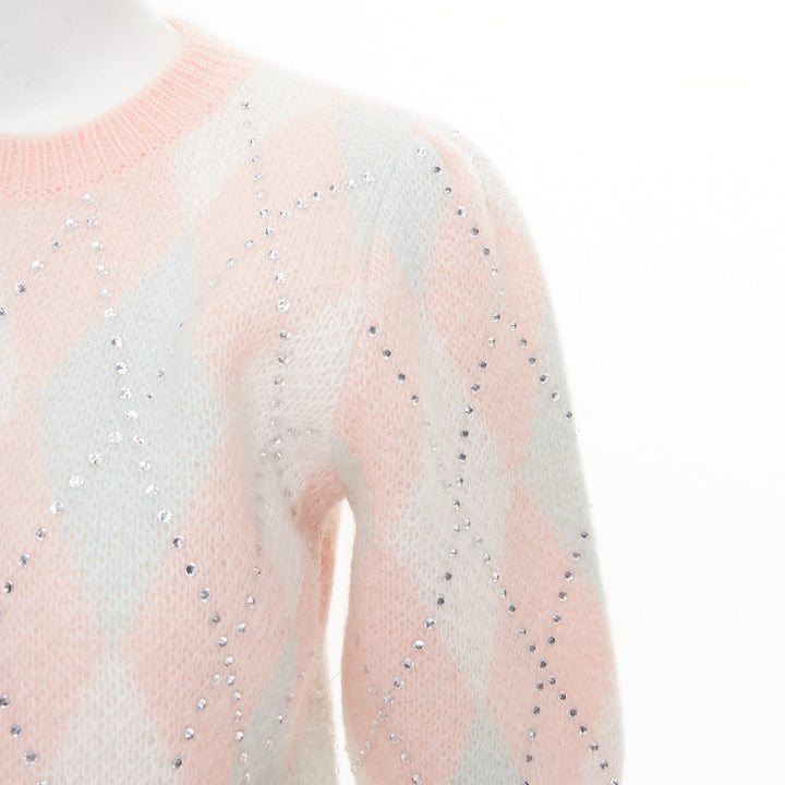 ALESSANDRA RICH Crystal pink argyle checked mohair blend top IT38 XS