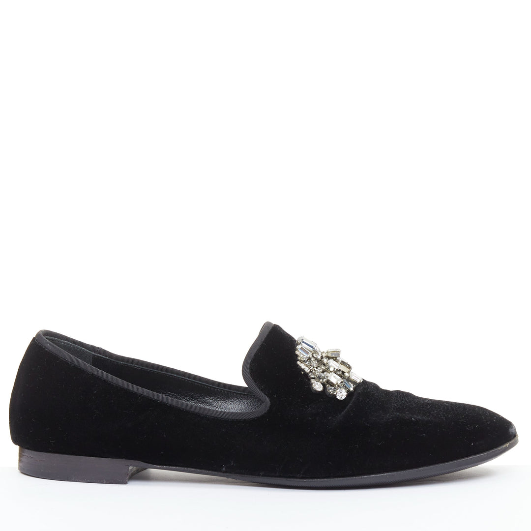 GIUSEPPE ZANOTT RemyeI black velvet crystal brooch le smoking loafers EU43