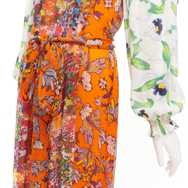 TORY BURCH Shasta orange green white floral silk cold shoulder maxi dress