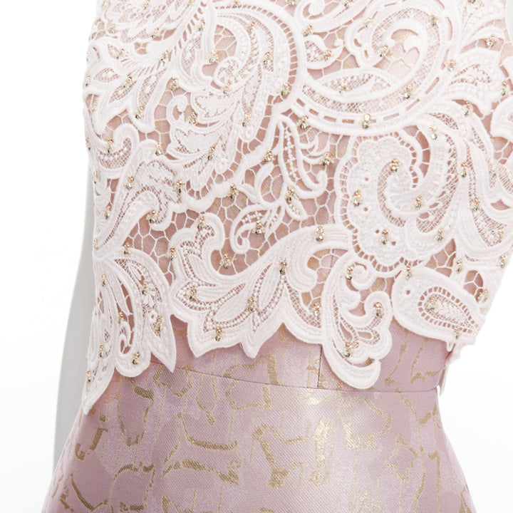 MARY KATRANTZOU blush gold jacquard crystal lace overlay bodice dress UK10 M