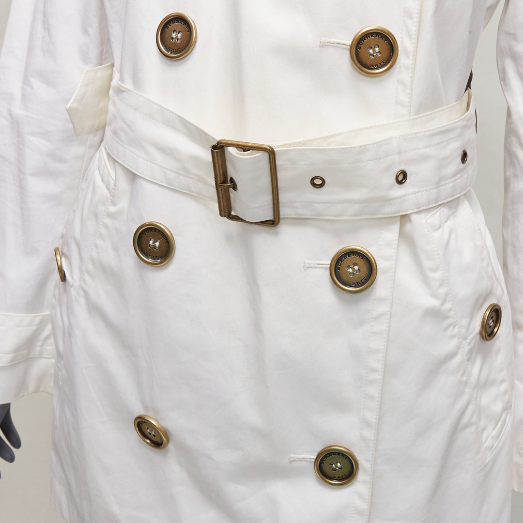 BURBERRY BRIT cream cotton metal logo buttons short trench coat UK10 M