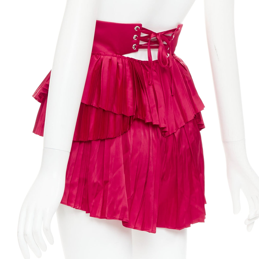 ANDREA IYAMAH Hibi red satin tiered laced corset pleated shorts XS