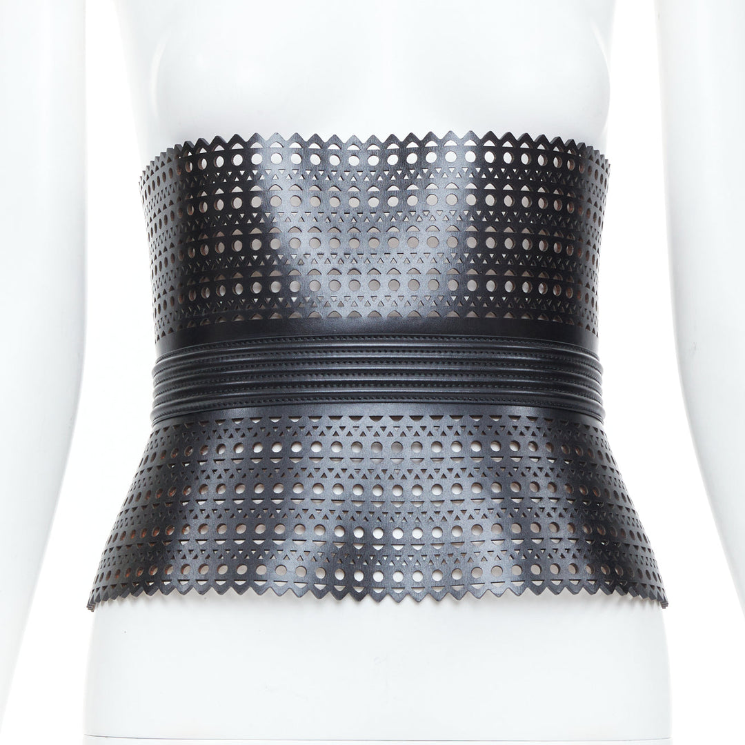 ALAIA Black Vienne openwork laser cut triple buckle leather corset belt 65cm