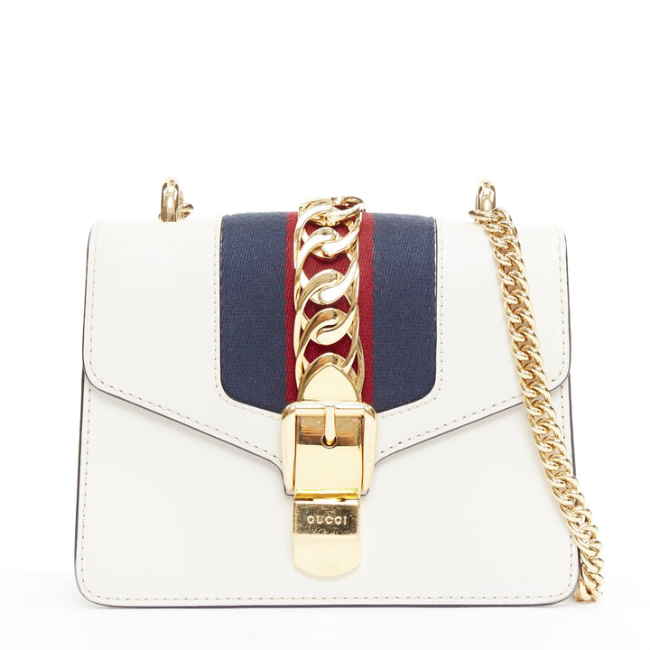 GUCCI Small Sylvie white calf leather navy red web stripe chain shoulder bag