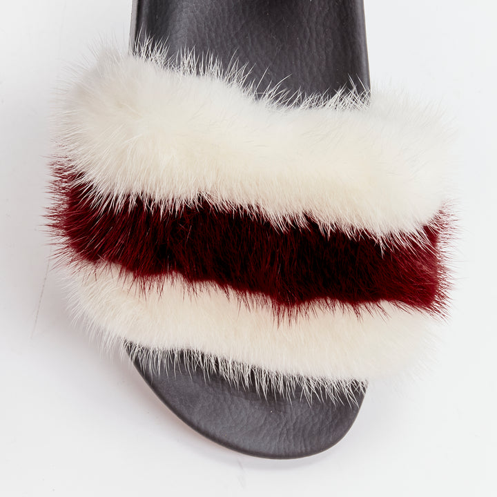 GIVENCHY Tisci fox fur red white stripes debossed logo black pool slides EU38