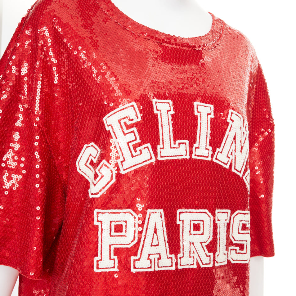 CELINE 2021 Runway red white sequin varsity logo oversized jersey tshirt S
