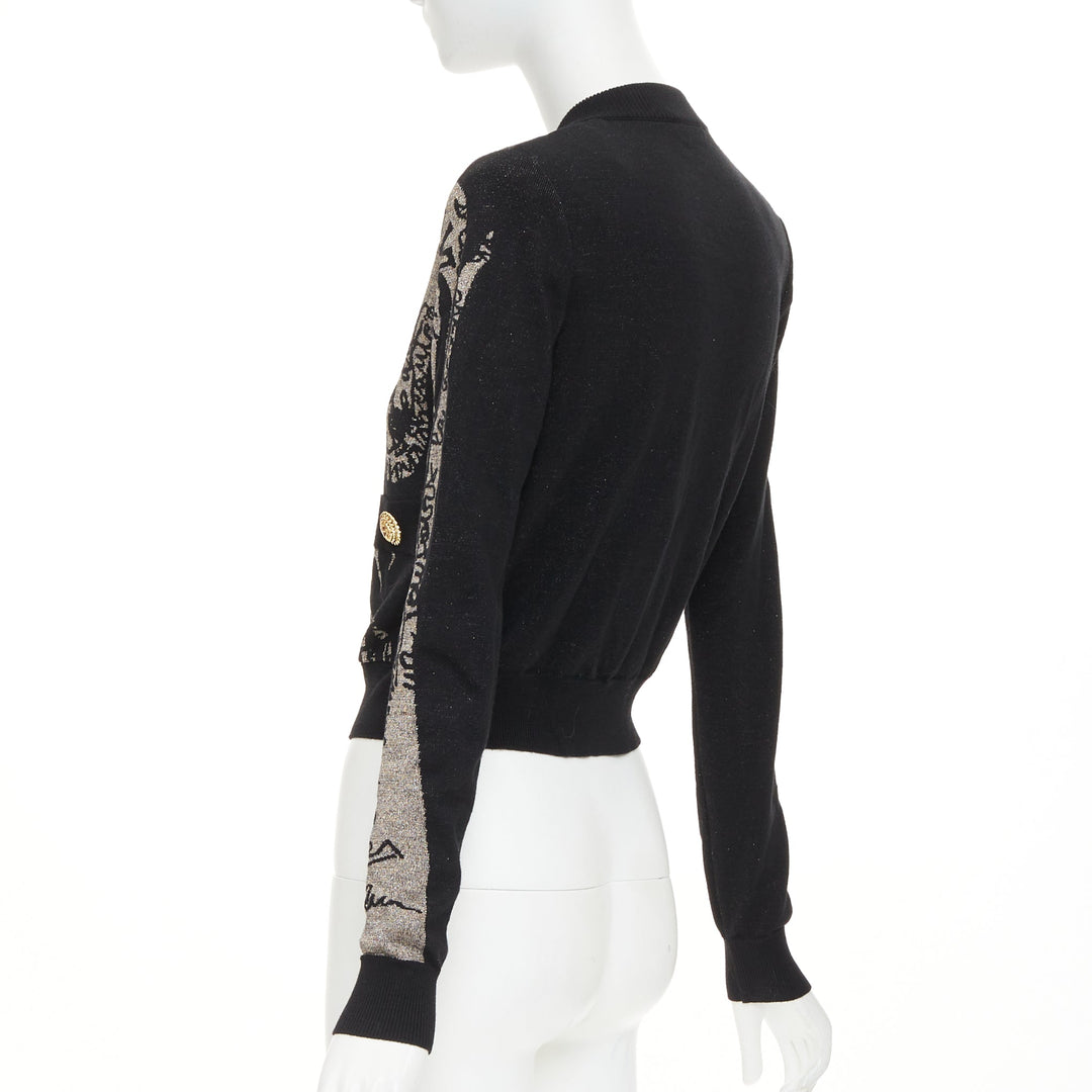 BALMAIN black bronze wool blend metallic scribble jacquard cardigan FR34 XS