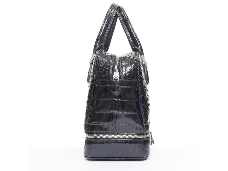 KWANPEN black high shine glossy scaled leather silver hardware zip top handbag