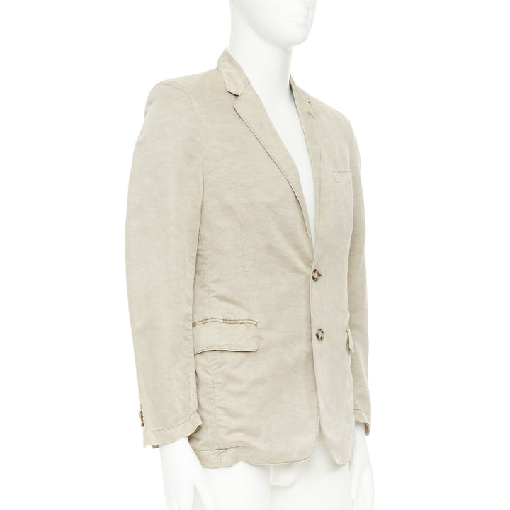 PRADA beige coated linen cotton flap pockets two button relaxed blazer IT48 M