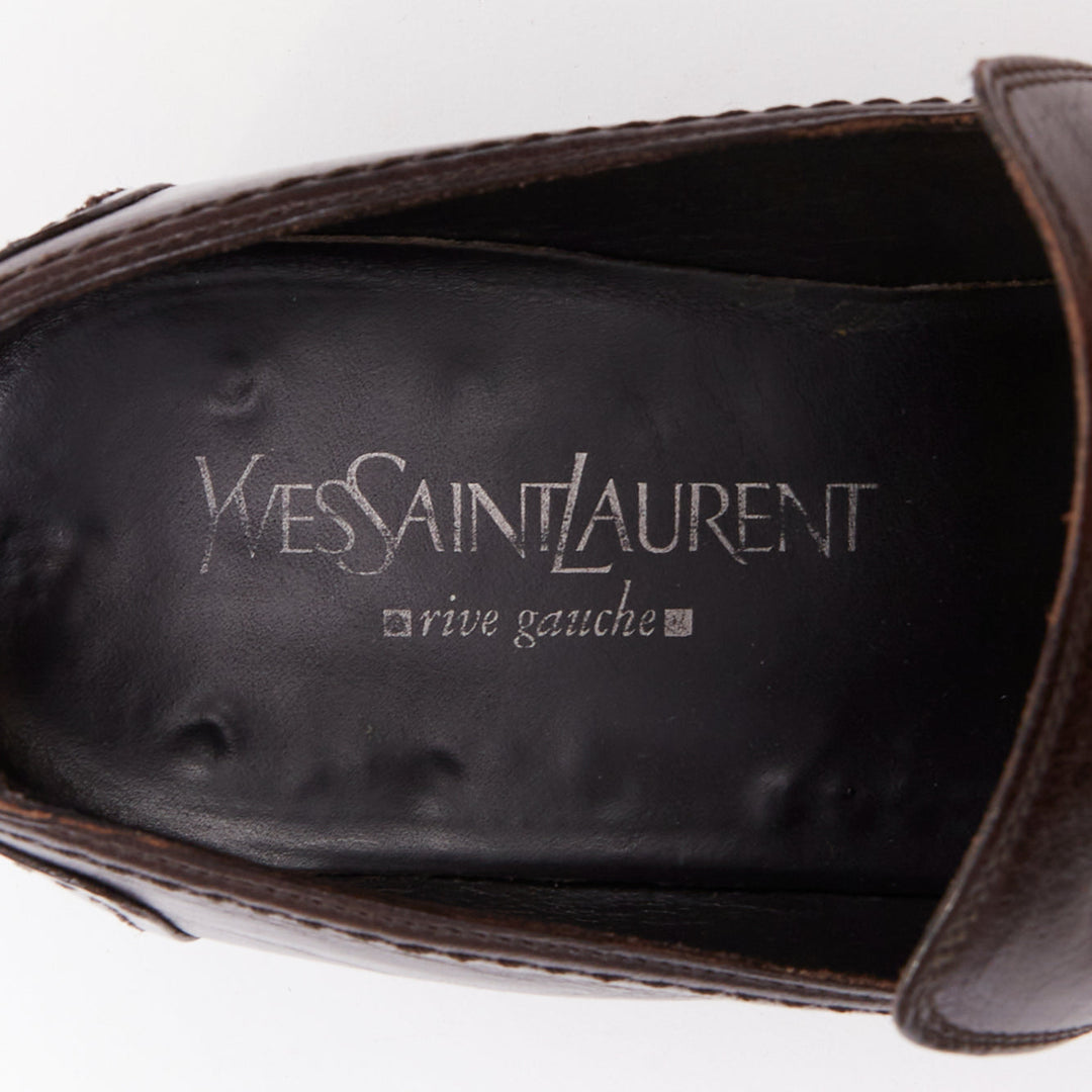YVES SAINT LAURENT dark brown leather Y overstitch square toe loafers UK7 EU41