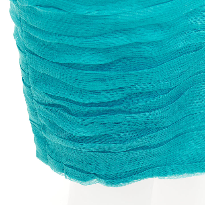 BURBERRY teal blue silk pleated satin front halter mini dress