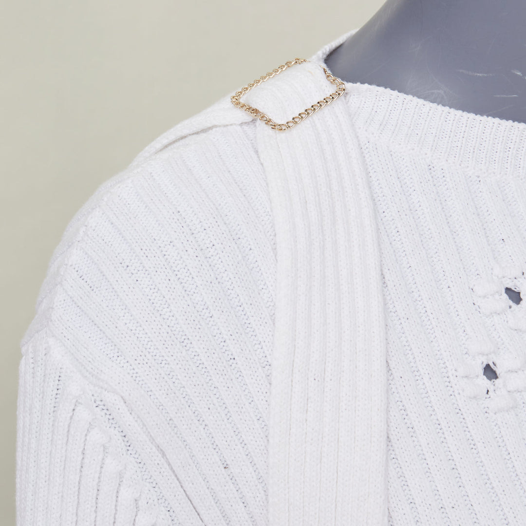 CHANEL white ribbed cotton knit CC logo buckle sash sweater FR36 S