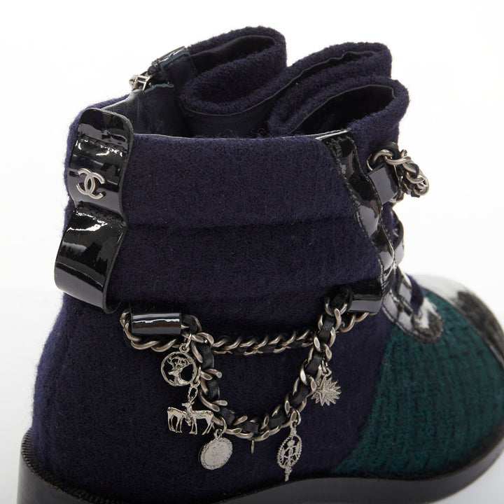 CHANEL 2015 Runway Paris Salzburg blue wool green tweed patent leather boot EU39