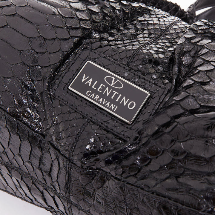 VALENTINO black shiny snakeskin leather bow side shoulder hobo bag