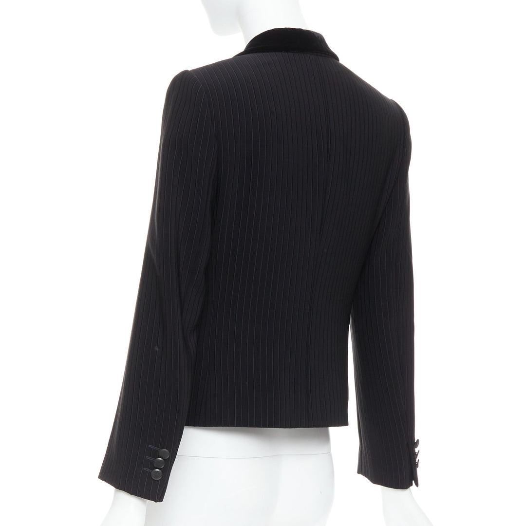 GIORGIO ARMANI black pinstripe velvet trim cropped tuxedo blazer IT40 S