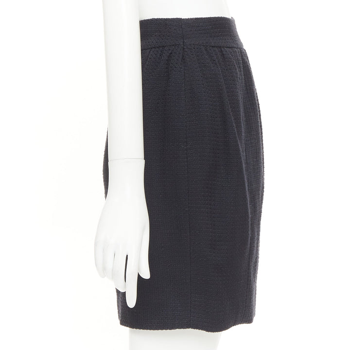 CHANEL 07C black cotton tweed ruched waist silk lined mini skirt FR36 S