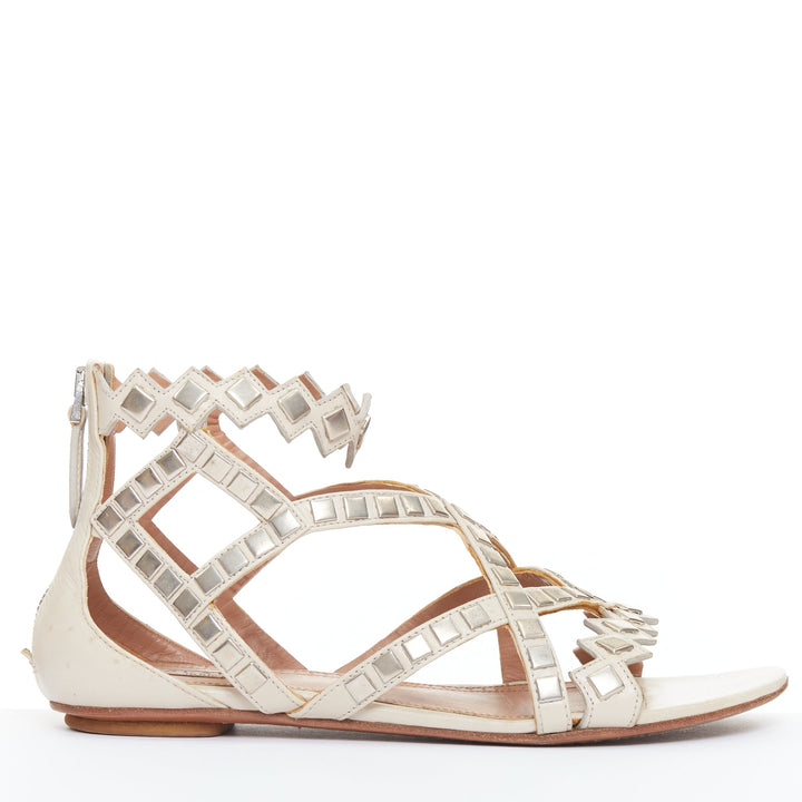 ALAIA silver square studded nude leather flat gladiator sandals EU36.5