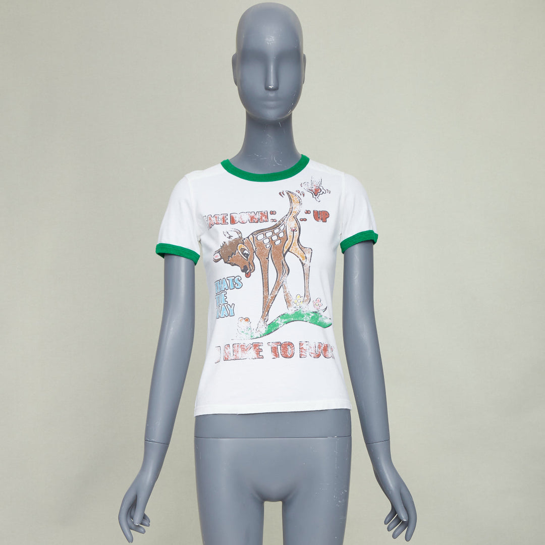 DSQUARED2 2003 white green trim Bambi profane pink crystal ringer tshirt M