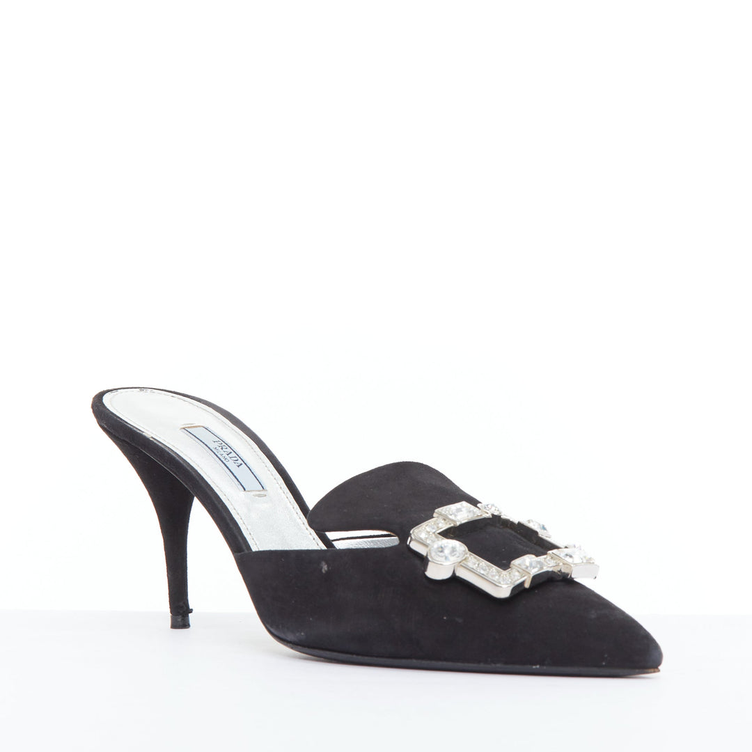 Female mannequin wearing Prada by Miuccia Prada Black Suede Women Heels in Size EU39 | Available at JHROP