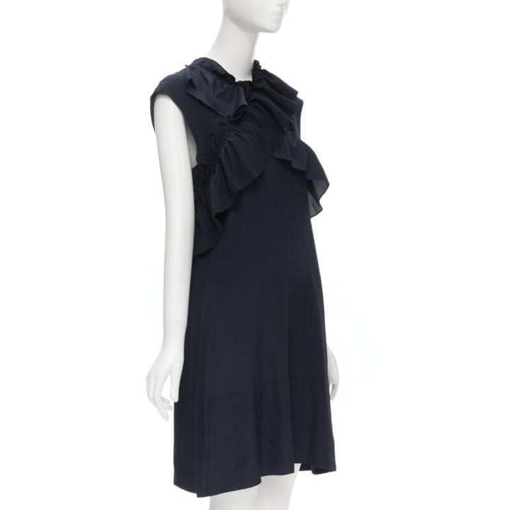 MARNI navy blue silk crepe cross ruffle trim knee lenth dress IT40 S