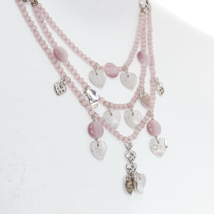CHRISTIAN DIOR John Galliano Vintage silver pink heart logo tiered necklace