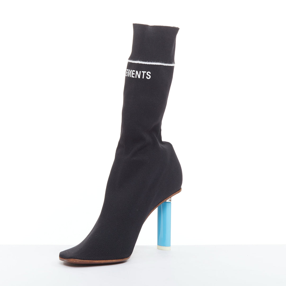 VETEMENTS Demna Blue Cigarette Lighter high heel logo sock knit boots EU37
