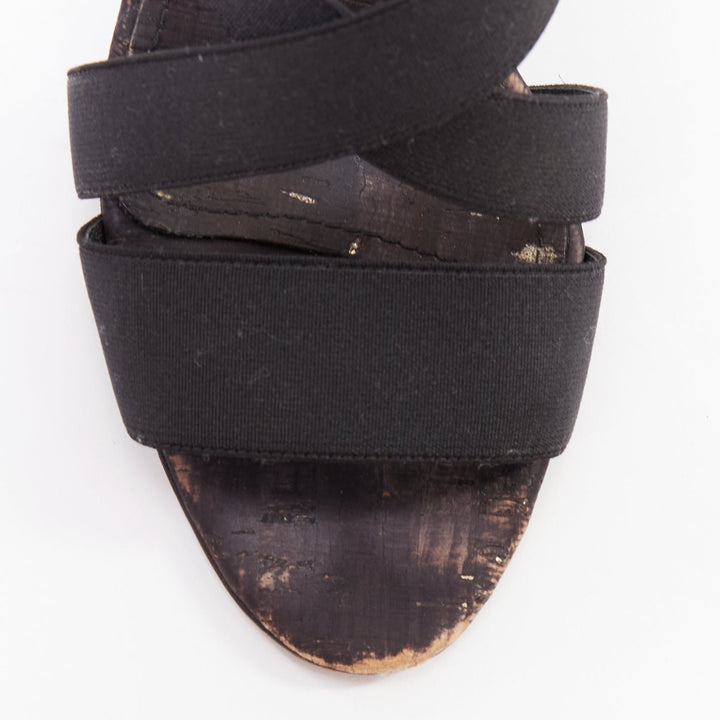 MANOLO BLAHNIK black elastic strap cork sole spool mid sandals EU37