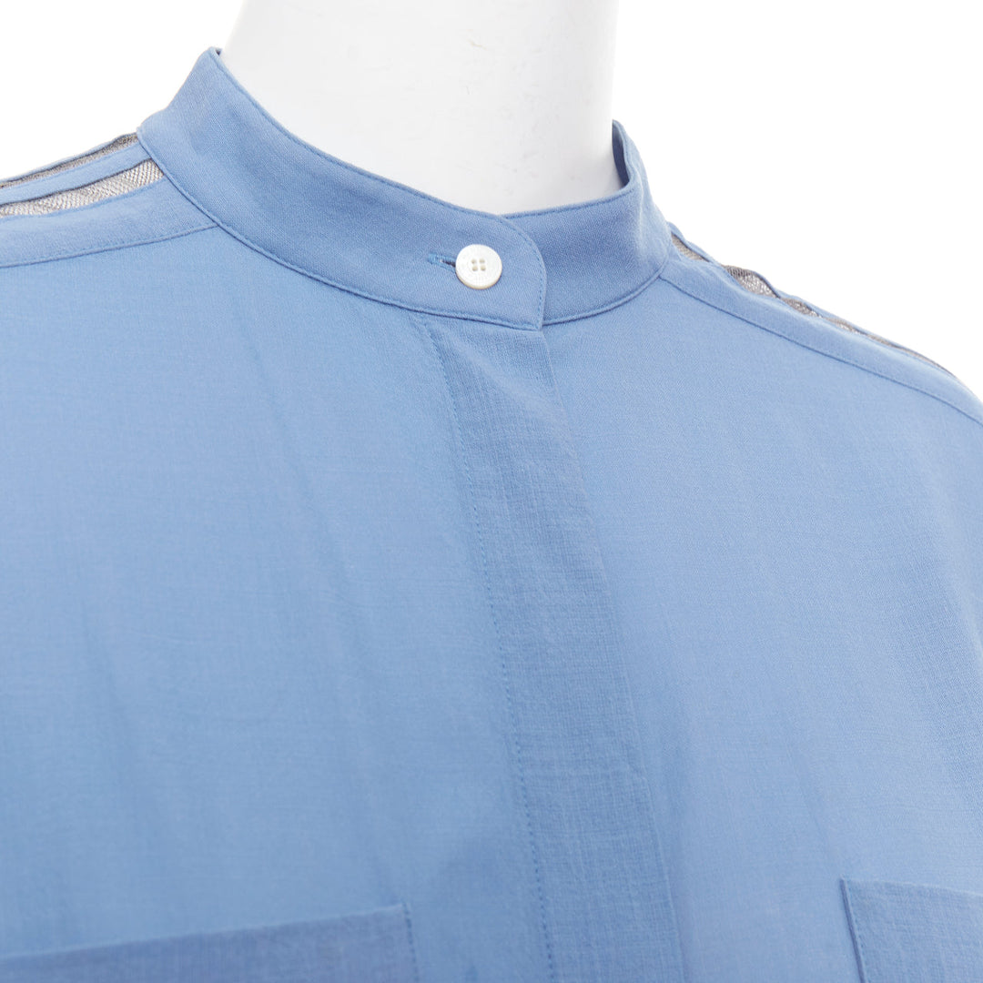 HERMES blue virgin wool band collar rolled tab sleeves tunic shirt dress FR36 S