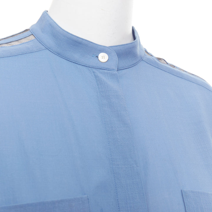 HERMES blue virgin wool band collar rolled tab sleeves tunic shirt dress FR36 S