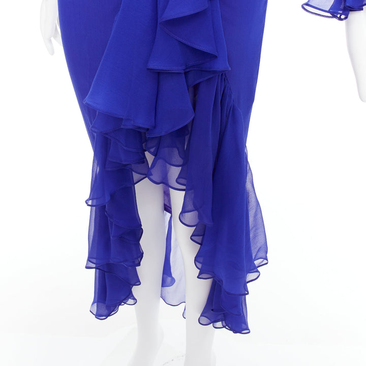 SAINT LAURENT 2020 Runway cobalt blue 100% silk ruffle wrap dress FR42 XL