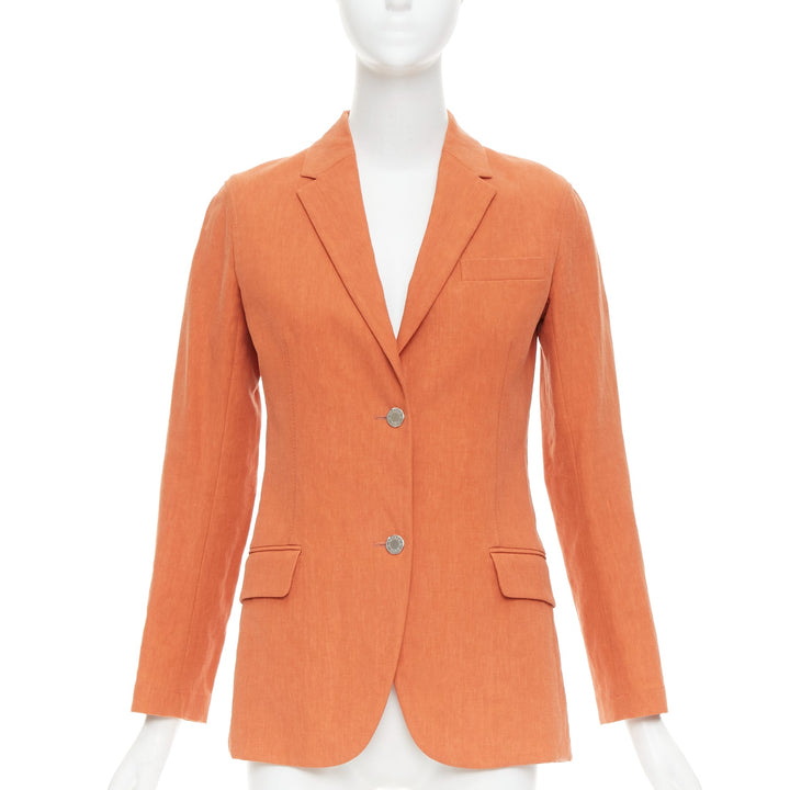 HERMES orange 100% linen logo buttons dual button blazer jacket FR34 XS