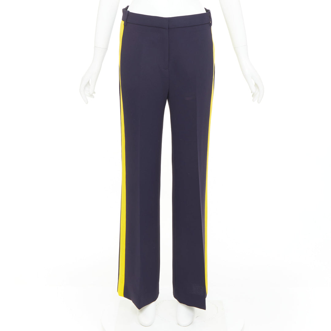 VVB VICTORIA BECKHAM navy yellow silk trimmed high waist wide trousers UK8 S