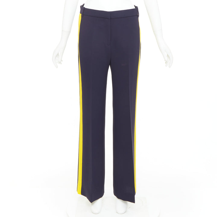 VVB VICTORIA BECKHAM navy yellow silk trimmed high waist wide trousers UK8 S