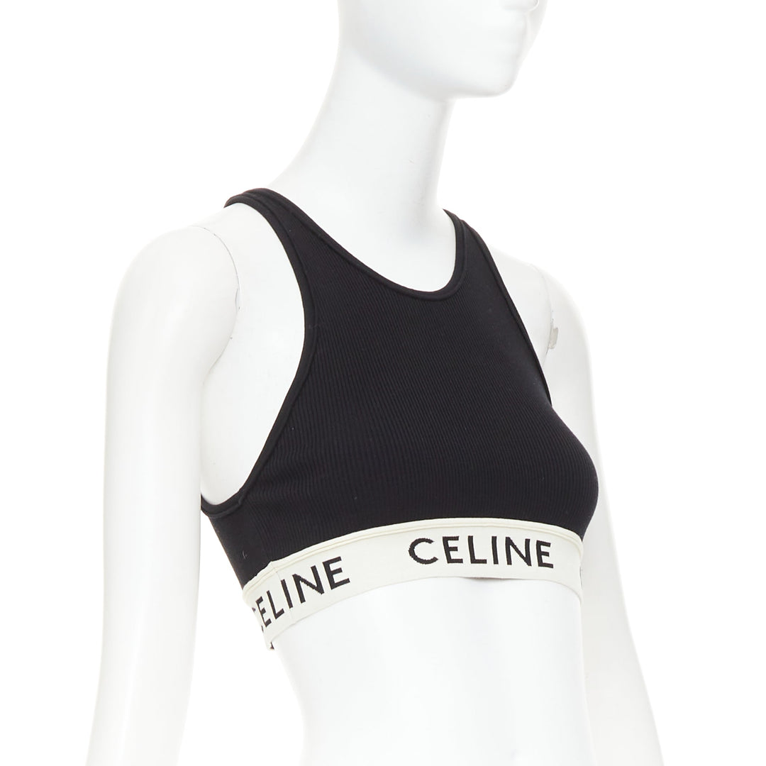 CELINE black cotton blend cream ribbed logo round neck bra top  Lisa Blackpink