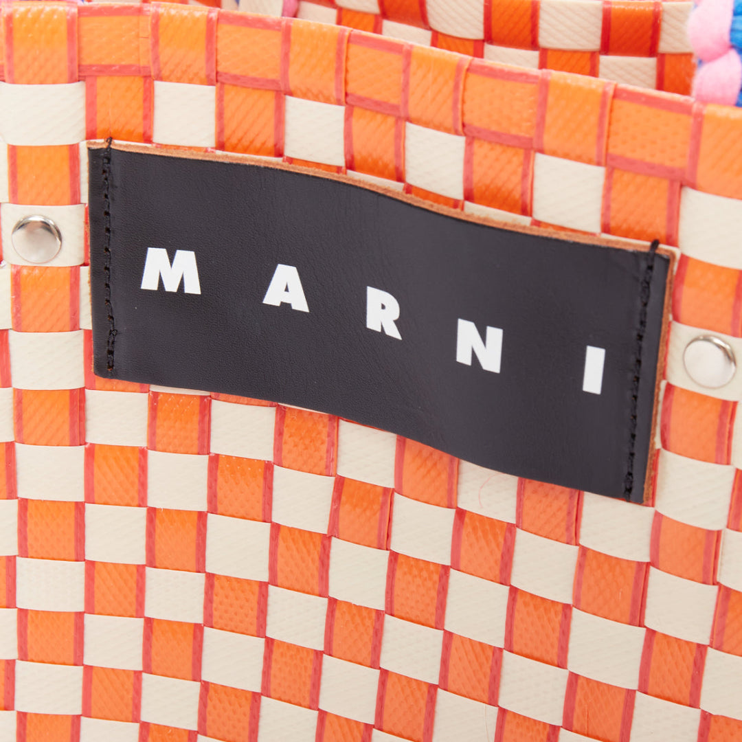 MARNI Basket orange cream straw brown leather tag rope trim top handle bag
