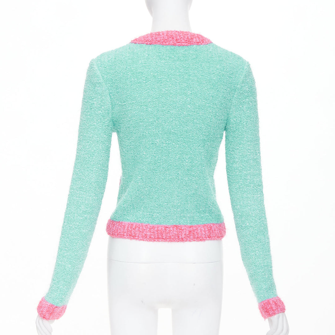 BALMAIN 2024 green pink boucle lurex buttoned knit cardigan FR34 XS