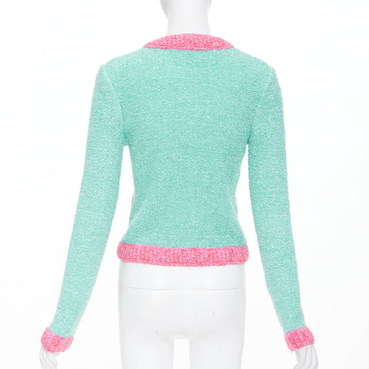 BALMAIN 2024 green pink boucle lurex buttoned knit cardigan FR34 XS