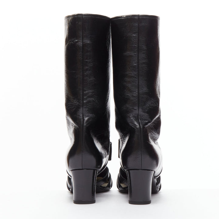 CHANEL 2023 Runway silver CC bow black leather cut out boots EU38.5