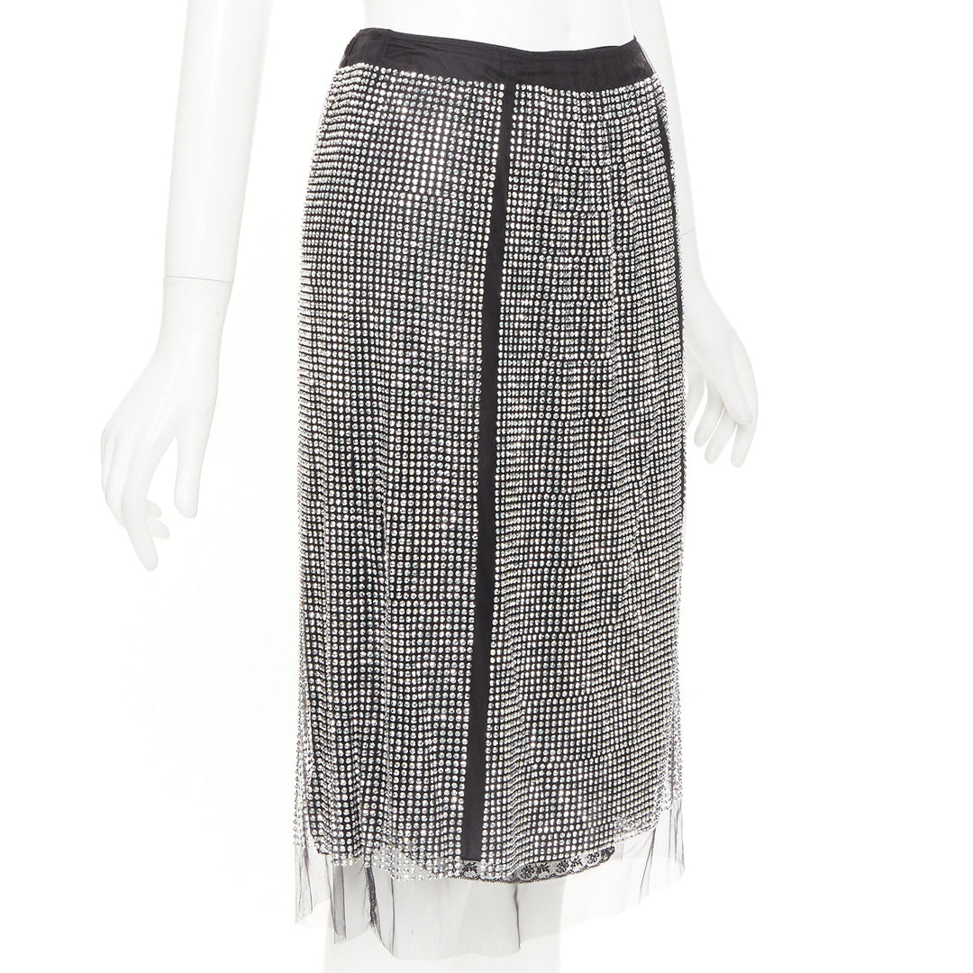 PRADA 2021 silver crystal black mesh triangle cut out lace trim skirt IT38 XS