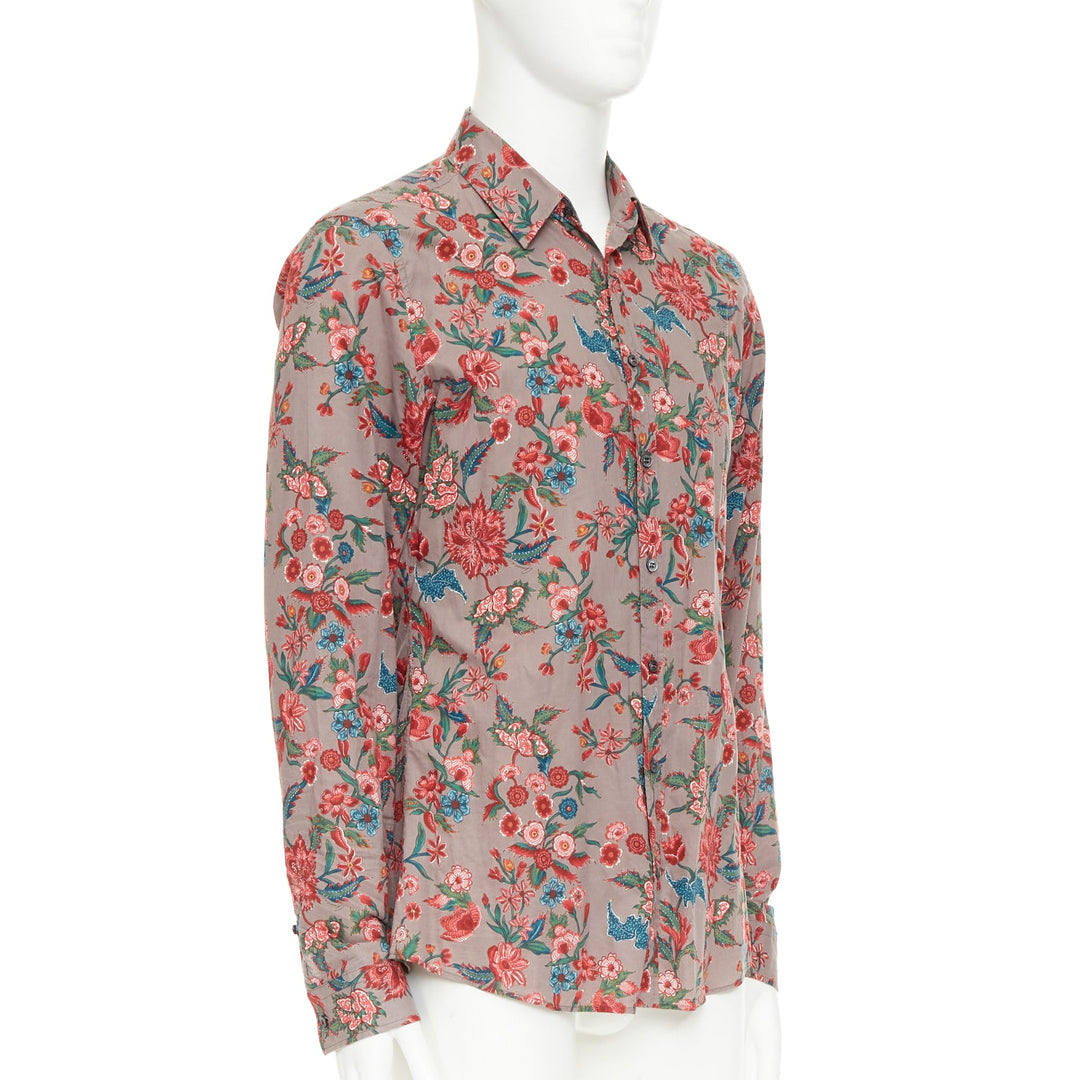 GUCCI 2013 Chintz red brown floral cotton button down shirt EU41 XL
