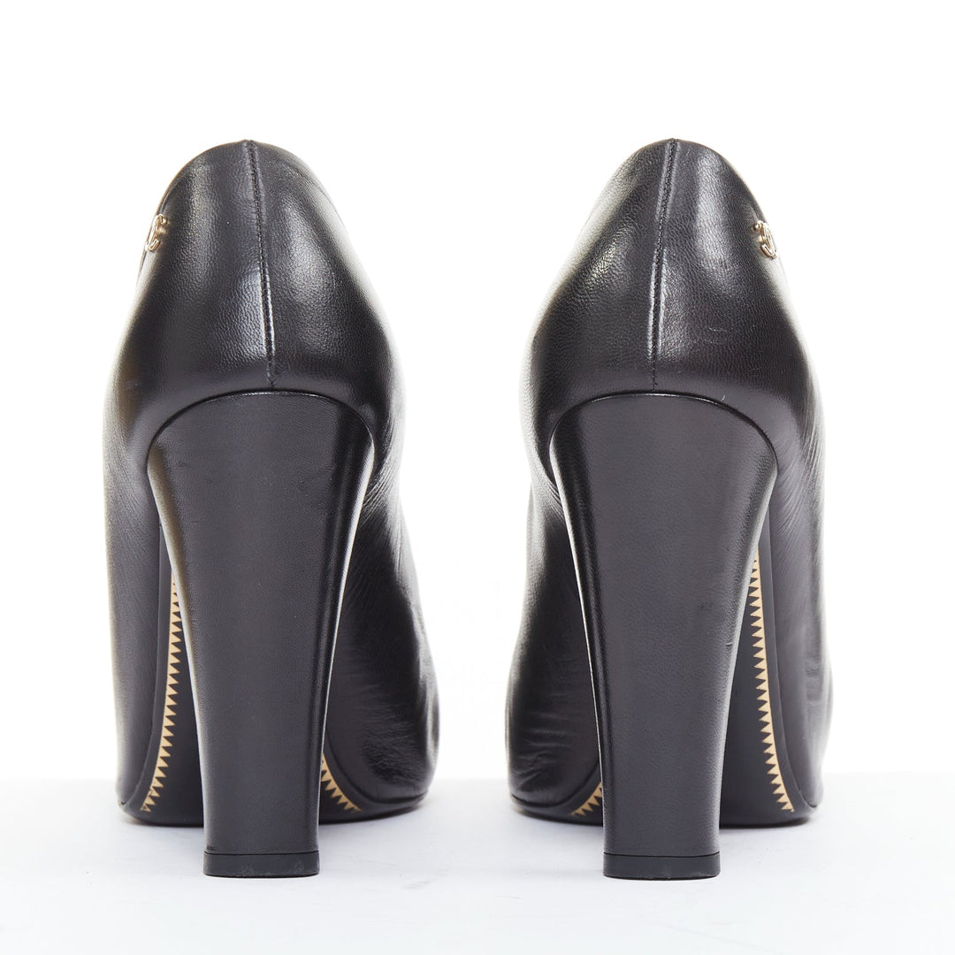 CHANEL black leather silver CC logo velvet toe cap round toe block pumps EU39.5