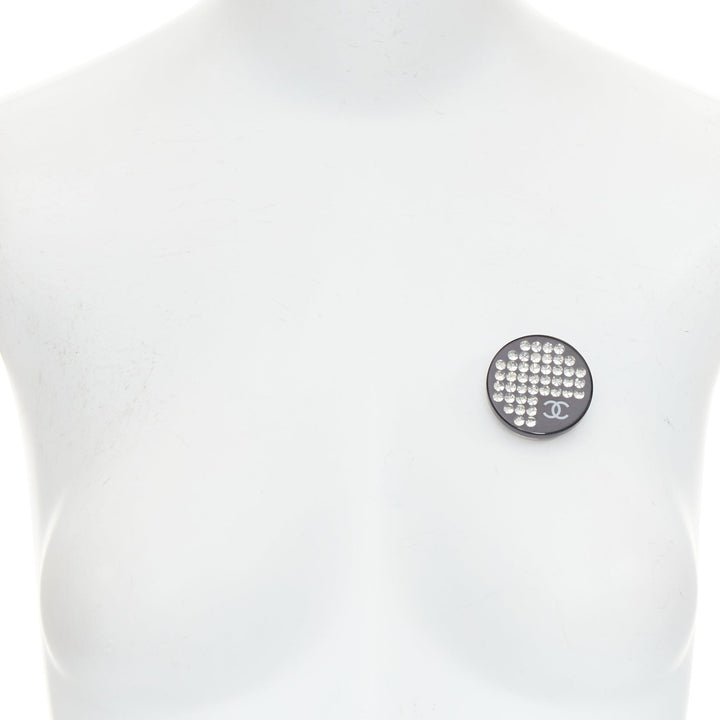 CHANEL 05P Vintage black resin silver rhinestone diamante CC round pin brooch