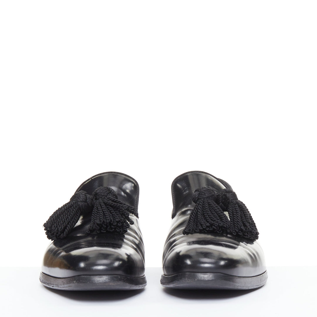 JIMMY CHOO  Foxley black shiny calf leather rope tassel loafer shoes EU43