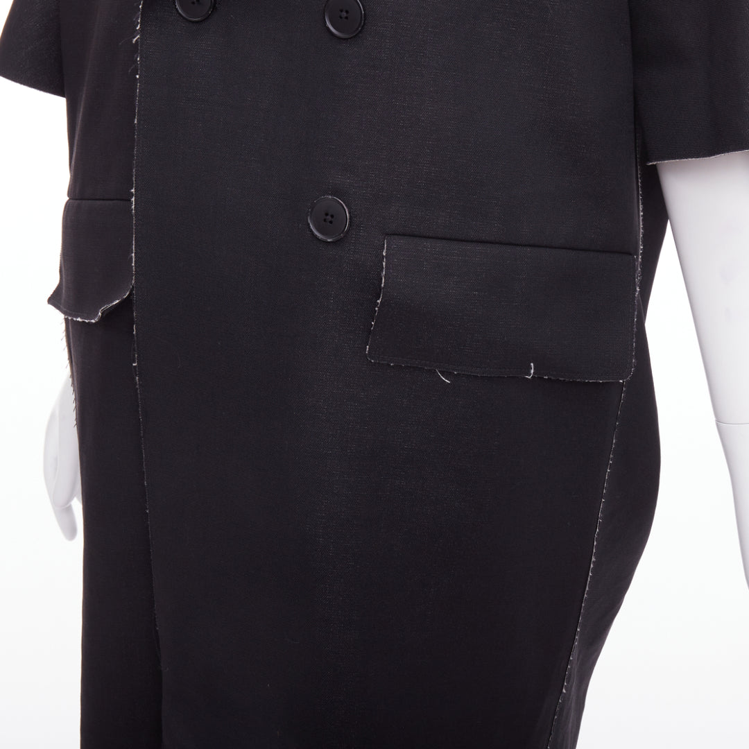 MARNI black wool linen frayed edge double breasted long coat IT38 XS