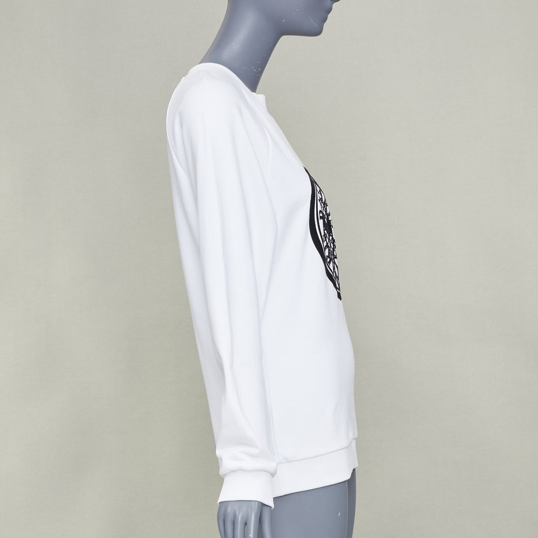 BALMAIN white cotton black flocked coin medallion logo raglan sweatshirt XXS