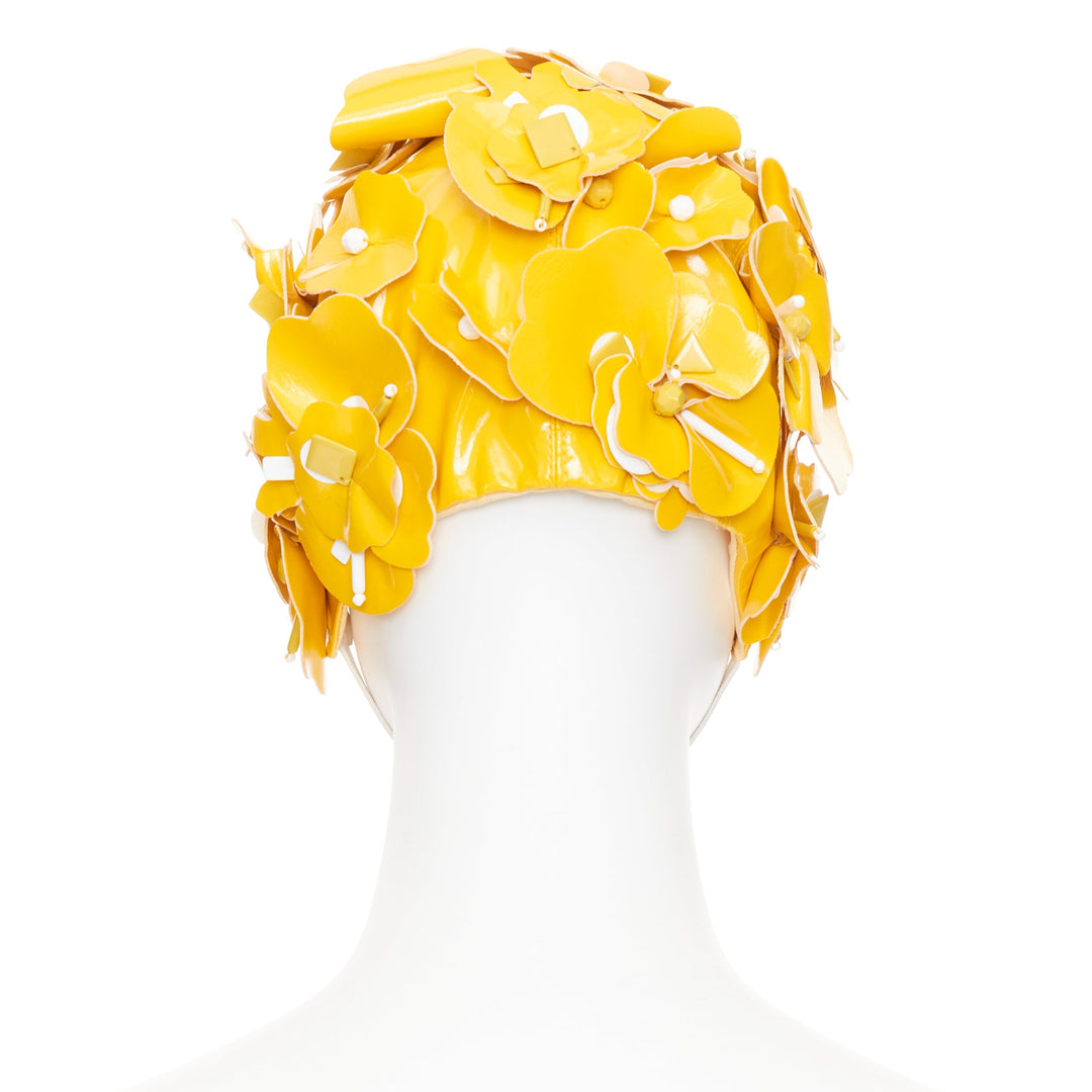 MIU MIU 2017 Runway yellow patent leather petals beaded retro swim cap hat S