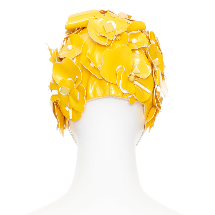 MIU MIU 2017 Runway yellow patent leather petals beaded retro swim cap hat S