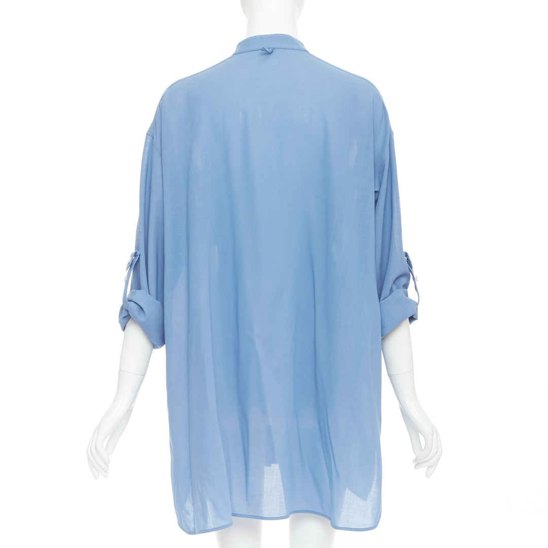 HERMES blue virgin wool band collar rolled tab sleeves tunic shirt dress FR36 S