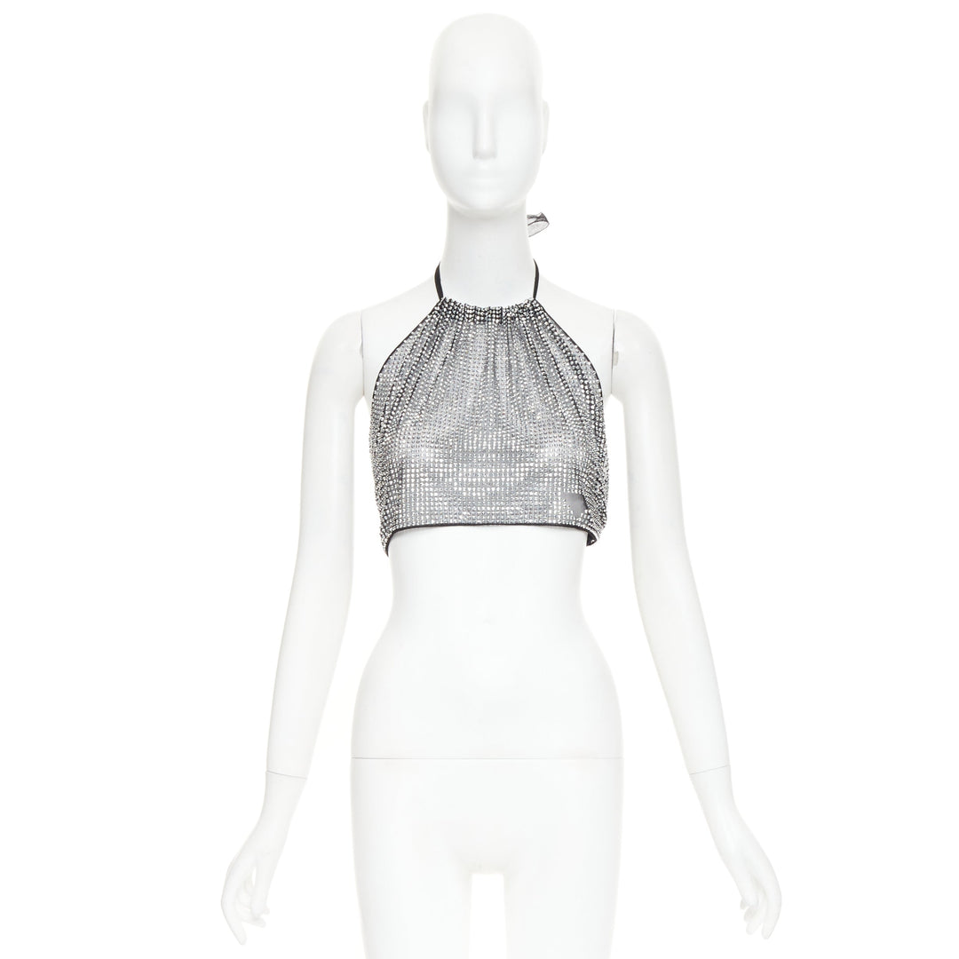 PRADA 2021 silver crystal rhinestone mesh halter neck crop top IT36 XXS