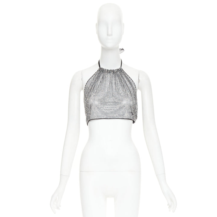 PRADA 2021 silver crystal rhinestone mesh halter neck crop top IT36 XXS